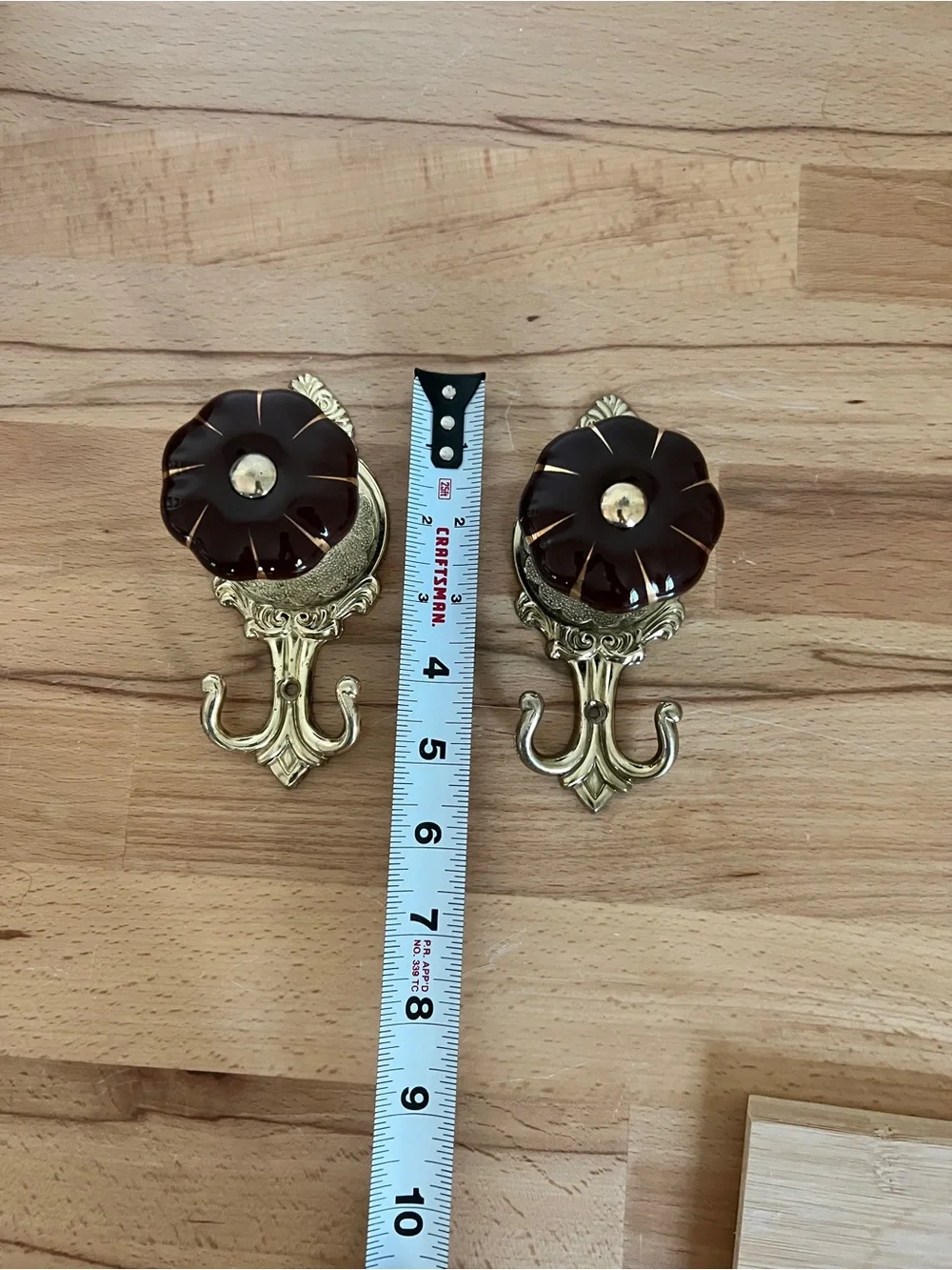 Rare Ornate Brown Glass and Metal Flower Wall Hooks with Gold Finish - Set of 2